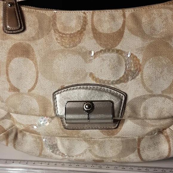 SALE! Coach Kristin Hobo Signature Beige & Silver Sequined Shoulder Bag - Picture 4 of 16